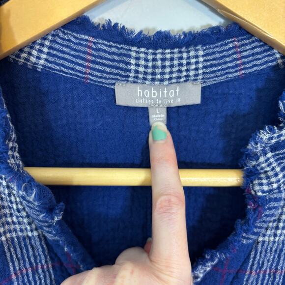 Lagenlook Blue Plaid Frayed Edge Button Top L Habitat Cotton Shirt | Soft Summer - Picture 10 of 13